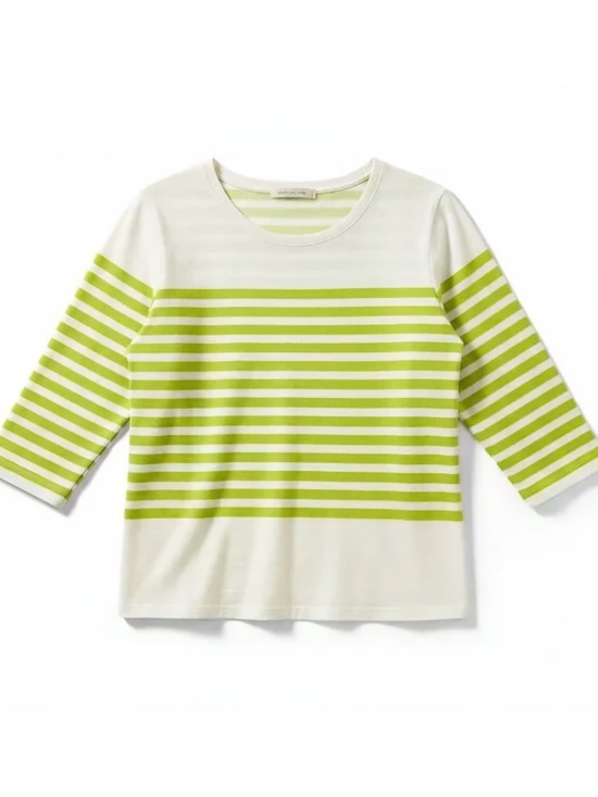 Joie Cotton Slub Stripe Top Chartreuse White 3/4 Sleeve Pullover L - Picture 10 of 10